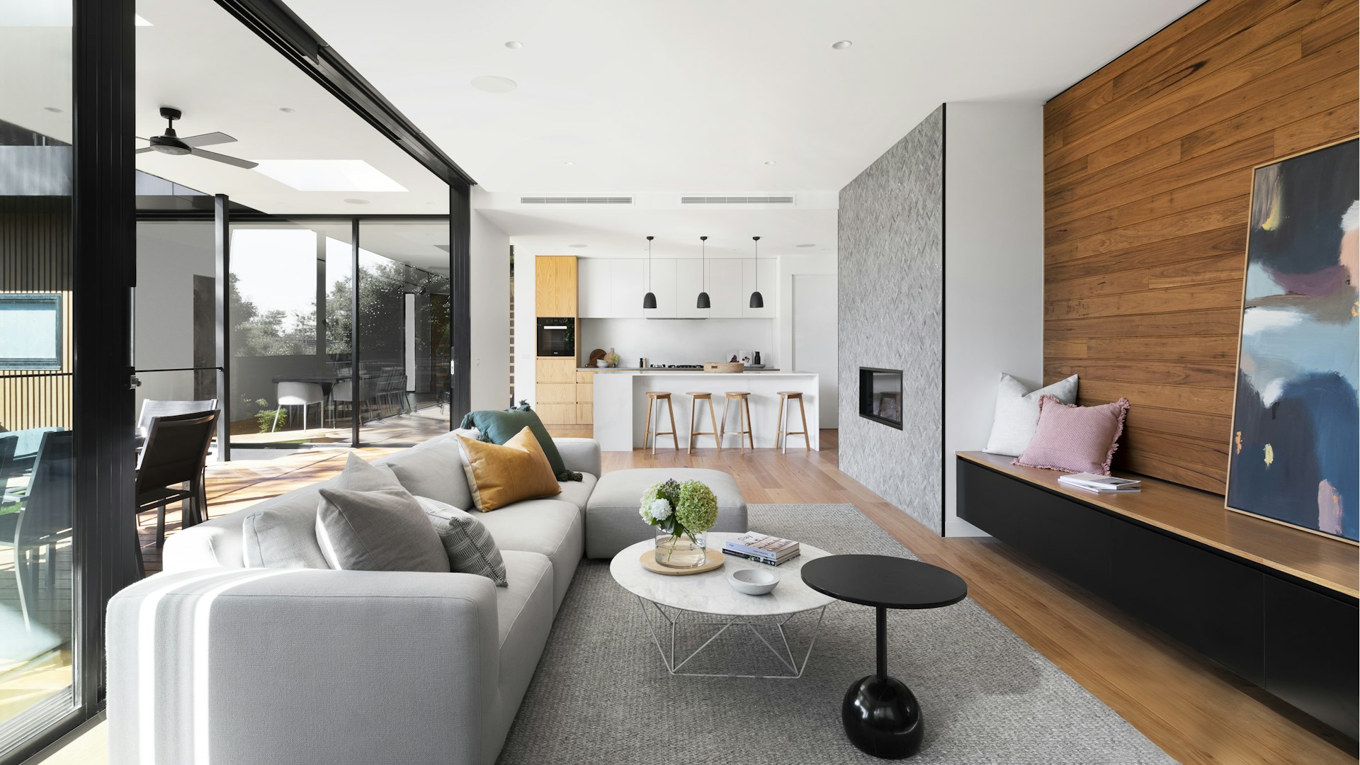 Dining area with sculptural chairs and soft daylight