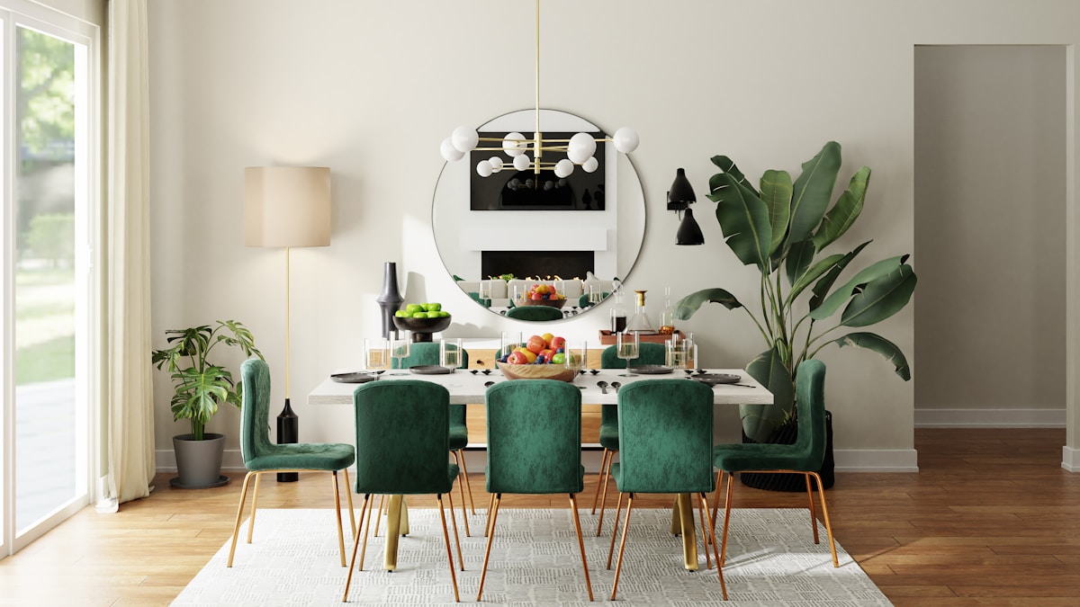 Dining chairs around a wood table